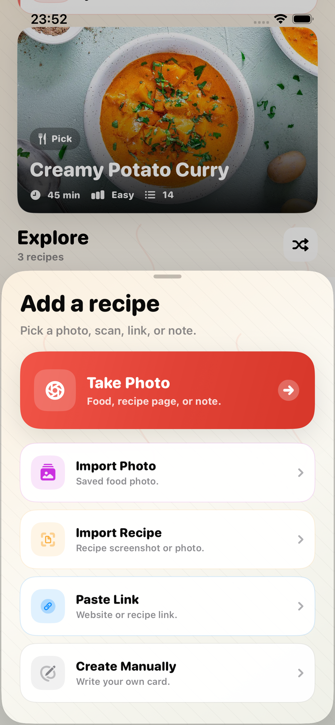 Recippa add recipe options screen